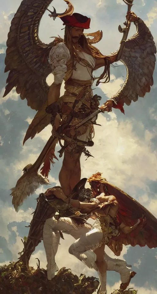Image similar to anthropomorphic swan swashbuckling pirate with wings and a sword, Renowned character illustration by greg rutkowski, thomas kindkade, alphonse mucha, loish, norman rockwell. Trending on furaffinity.