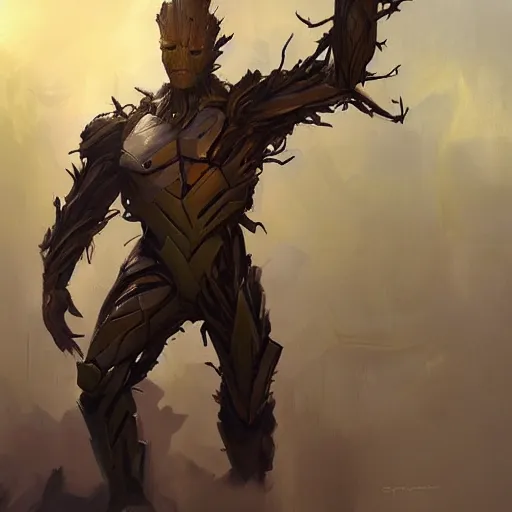 Image similar to greg manchess portrait painting of armored groot as overwatch character, medium shot, asymmetrical, profile picture, organic painting, sunny day, matte painting, bold shapes, hard edges, street art, trending on artstation, by huang guangjian and gil elvgren and sachin teng