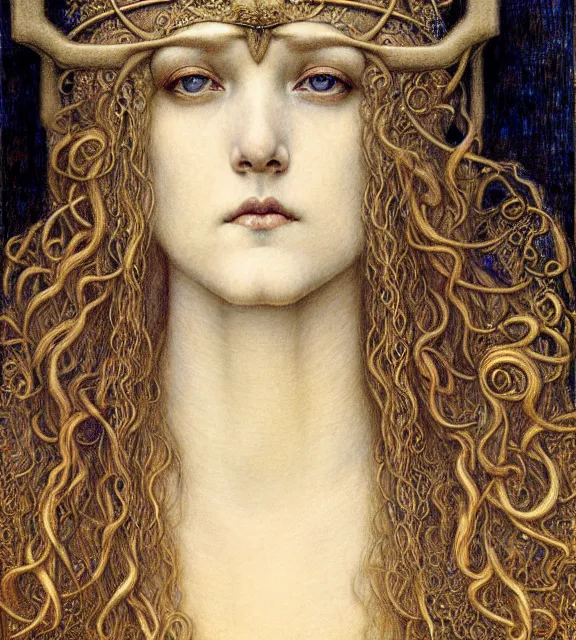 Image similar to detailed realistic beautiful young medieval queen face portrait by jean delville, gustave dore and marco mazzoni, art nouveau, symbolist, visionary, gothic, pre - raphaelite. horizontal symmetry