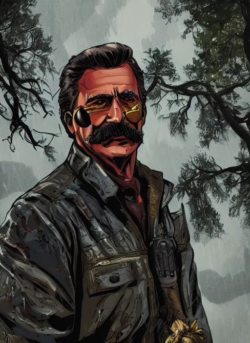 Image similar to A comic book style portrait painting of Magnum PI as a grim ranger in a post apocalyptic setting with bombarded broken trees, unreal 5, DAZ, hyperrealistic, octane render, RPG portrait, ambient light, dynamic lighting