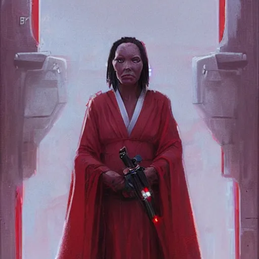 Image similar to portrait of a woman by greg rutkowski, jedi queen, half asian, black bob hair, star wars expanded universe, she is about 5 0 years old, wearing jedi red robes.