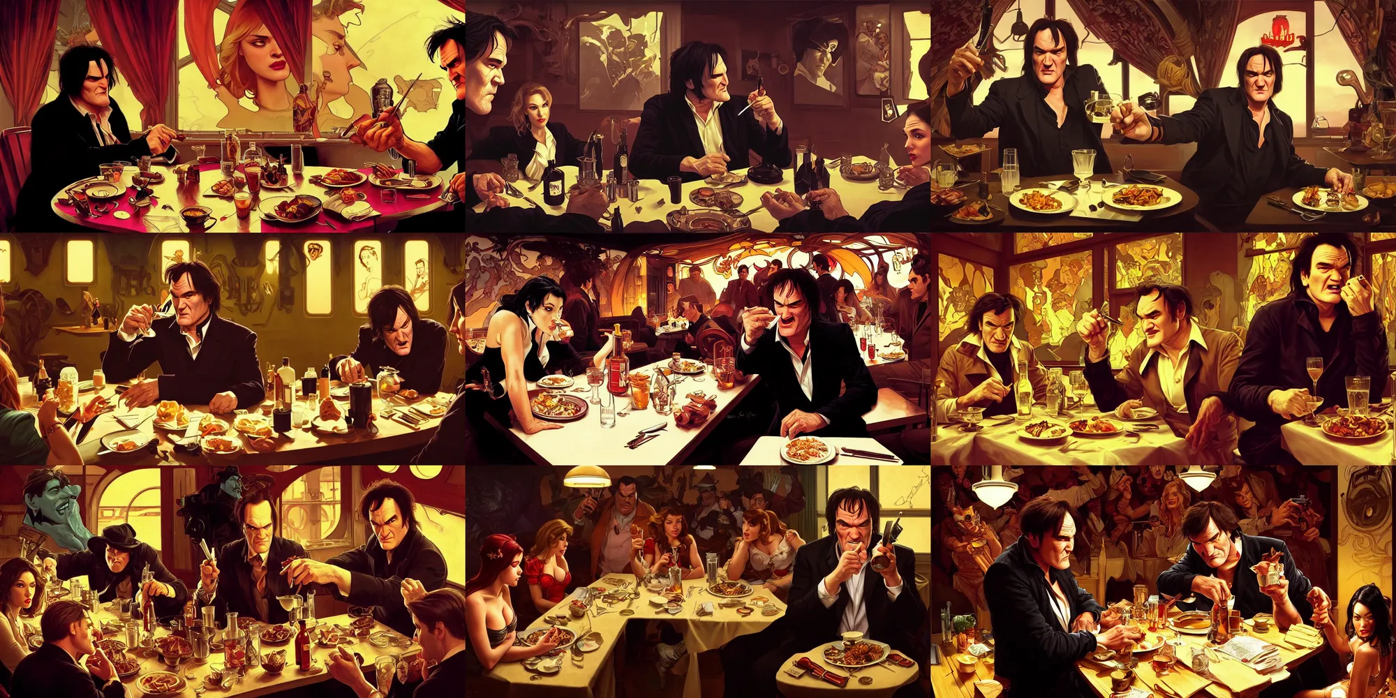 Prompt: quentin tarantino eating dinner at the titty twister, character sheet, character design, contrast, deep focus, turnaround, highly detailed, dramatic lighting, digital painting, artstation, concept art, matte, sharp focus, illustration, elegant, art by artgerm and greg f and alphonse mucha.