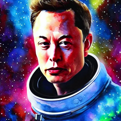 Image similar to alien extraterrestrial elon musk in space. watercolor. dramatic. amazing painting. formal. beautiful. high resolution. highly realistic. close - up. trending on artstation