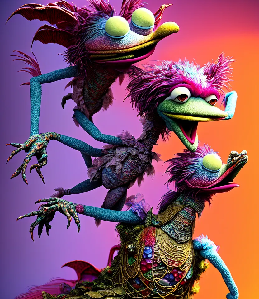 Image similar to hyper detailed 3d render like a Oil painting - kawaii portrait of hopeful lovers hugging tight or kissing pecking adorably Aurora (a beautiful girl skeksis muppet fae princess protective playful expressive acrobatic from dark crystal that looks like Anya Taylor-Joy) seen red carpet photoshoot in UVIVF posing in scaly dress to Eat of the Strangling network of yellowcake aerochrome and milky Fruit and His delicate Hands hold of gossamer polyp blossoms bring iridescent fungal flowers whose spores black the foolish stars by Jacek Yerka, Ilya Kuvshinov, Mariusz Lewandowski, Houdini algorithmic generative render, golen ratio, Abstract brush strokes, Masterpiece, Edward Hopper and James Gilleard, Zdzislaw Beksinski, Mark Ryden, Wolfgang Lettl, hints of Yayoi Kasuma and Dr. Seuss, Grant Wood, octane render, 8k