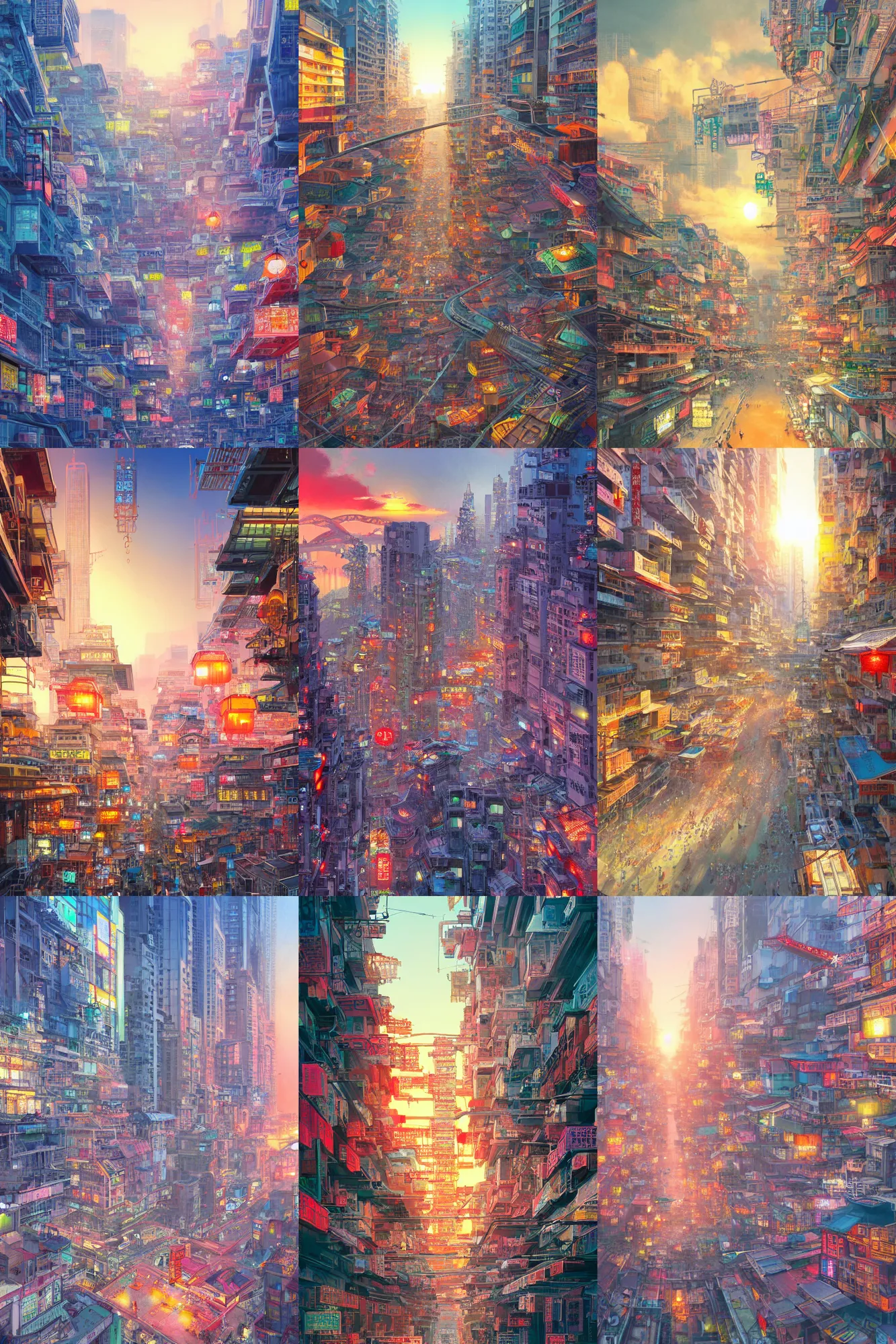 Prompt: colorful futuristic hongkong, lots of building, lots of bridges, lots of chinese character signs, people on the ground, by yoshitaka amano, hiroshi yoshida, ultra detailed, sunset light, digital art, concept art, illustration