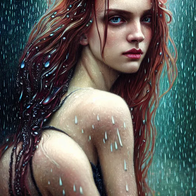 Image similar to bright portrait surreal rain on face and wet hair, diffuse overhead lighting, fantasy, intricate, elegant, dramatic lighting, highly detailed, lifelike, photorealistic, digital painting, artstation, illustration, concept art, smooth, sharp focus, art by John Collier and Albert Aublet and Krenz Cushart and Artem Demura and Alphonse Mucha