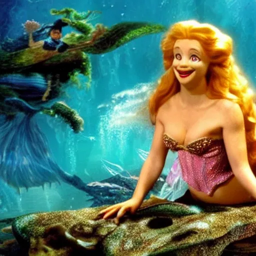 Image similar to albert einstein as ariel the mermaid in ariel the little mermaid, movie still 8 k hdr atmospheric lighting