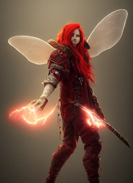 Image similar to An epic fantasy comic book style portrait painting of a young fairy boy with red wings, pointy red hair, white glowing eyes, red long hair red coat. Unreal 5, DAZ, hyperrealistic, octane render, cosplay, RPG portrait, dynamic lighting