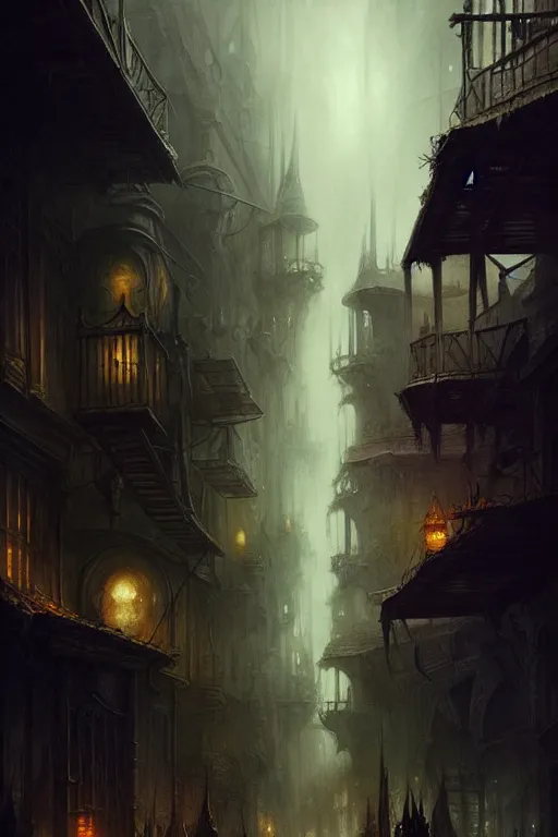 Prompt: fantasy city with dark alleyways highly detailed, digital painting, concept art, matte, sharp focus, watercolor illustration, art by j w turner and roberto ferri, epic fantasy, moody, dark mood, digital painting