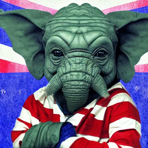 Prompt: elephant yoda as potus American flag, modern art placed in a large living room, art designers magazine HD photo superrealism 3d 8k resolution