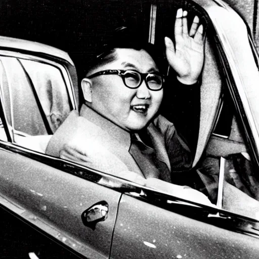Prompt: 1960s press archive of middle-aged Kim Jong-il coming out of a car, starfish-monster arm crushing car, underexposed, kaiju-eiga by Ishirō Honda