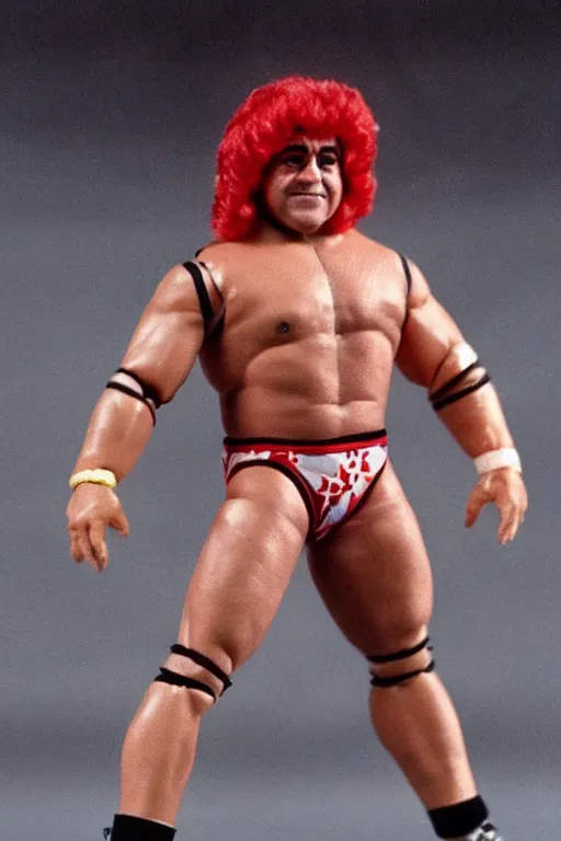 Image similar to danny devito as a 1 9 8 0 s wrestling action figure