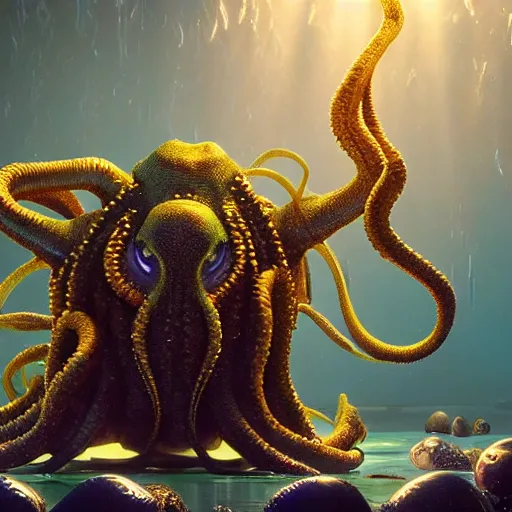 Image similar to cthulhu, expressive eyes, floating, rbc, radiolaria, protophyta, micro - organisms, center frame, symmetric, rim light, marine microbiology, bioluminescence, electric, fur, soft, concept art, intricate details, highly detailed, colorful, photorealistic, disney pixar, octane render,