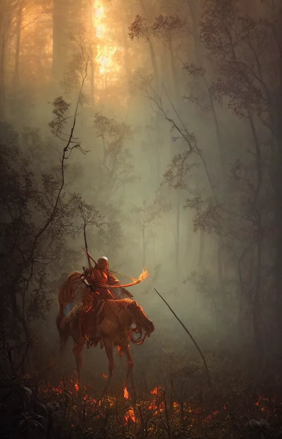 Image similar to a knight among flowers in dark forest surrounded by fire and smoke, moody, rim light, dynamic lighting, cinematic shot, gritty, ultra - detail, renderman, physically based render, jean delville, gustave dore and marco mazzoni