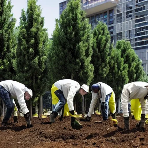 Image similar to a group of workers planting trees in front of a clean white sci fi containment building with a utopian city in the distance