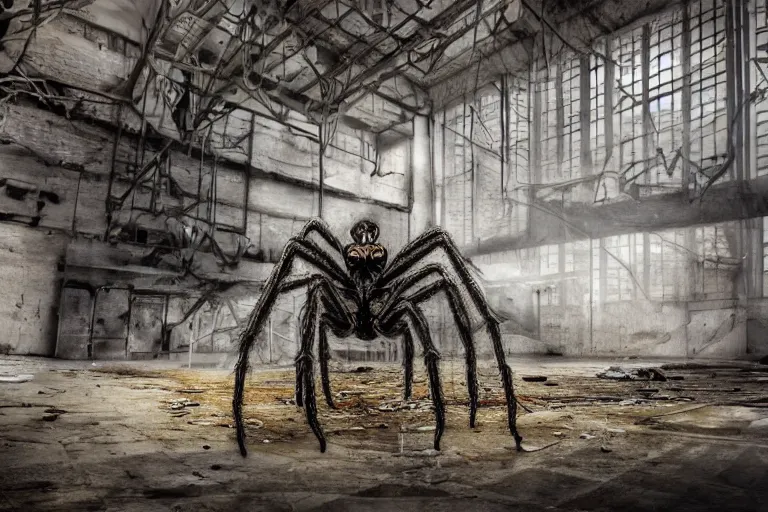 Prompt: a giant spider and a man in an abandoned industrial complex, intricate details, cinematic, wide angle