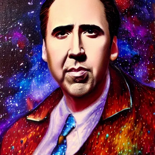 Image similar to nicholas cage amazed expression, cosmic starfield background oil painting masterwork trending on artstation