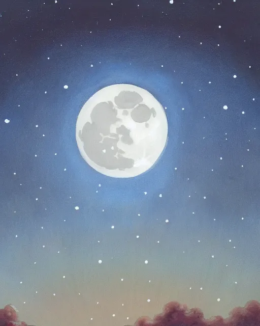 Image similar to painting of a large moon in the sky; the moon is read and has an open eye on it; there is a thin, long, blue cross-shaped star in the sky, anime, detailed, creepy, beautiful