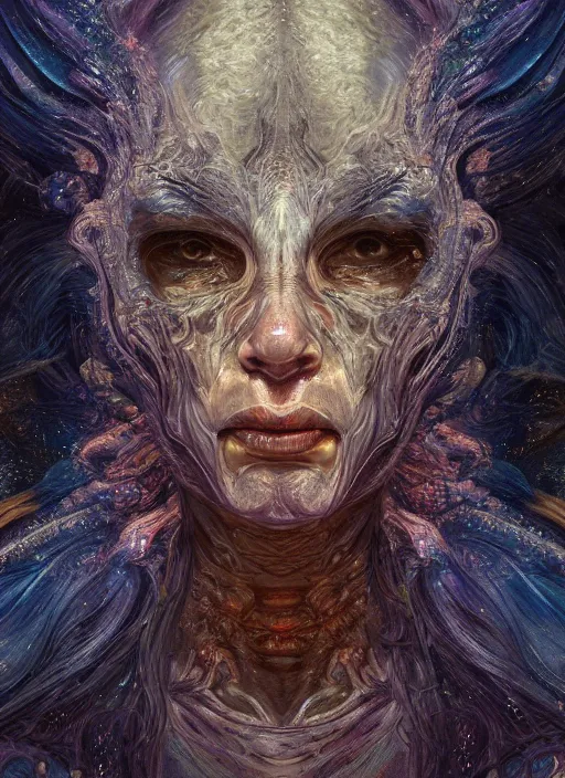 Image similar to masterpiece portrait of a cosmic demon, au naturel, hyper detailed, digital art, trending in artstation, cinematic lighting, studio quality, smooth render, unreal engine 5 rendered, octane rendered, art style by klimt and nixeu and ian sprigger and wlop and krenz cushart