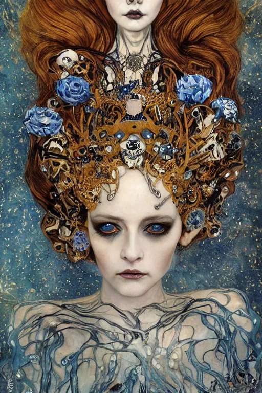 Prompt: The Princess of Bones by Karol Bak, Jean Deville, Gustav Klimt, and Vincent Van Gogh, portrait of a porcelain princess wearing a crown in catacombs, porcelain ball-joint doll face with blue painted tattoos, pale blue eyes, hair made of shimmering ghosts, mystic eye, otherworldly, crown made of bones, catacombs, ornate jeweled crown, skulls, fractal structures, arcane, inscribed runes, infernal relics, ornate gilded medieval icon, third eye, spirals