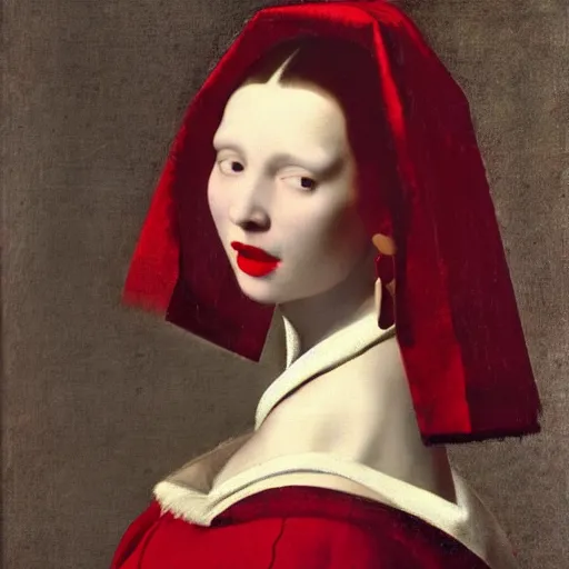 Prompt: sublime portrait of a woman in a red dress, pale, red lipstick, graceful, imposing, idealistic, by Vermeer, Van Dyck, Jean Auguste Dominique Ingres, smooth, sharp focus