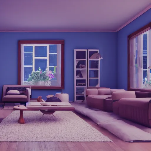 Image similar to simulated mesh render of a 70s interior with no textures, computer simulation rendered in high detail, 8K UHD
