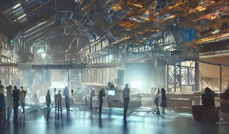 Prompt: group of people in simple warehouse, admiring hologram of futuristic city on a table, cinematic concept art, godrays, golden hour, natural sunlight, 4 k, clear details, tabletop model buildings, center model buildings, hologram center, crane shot, crane shot, crane shot