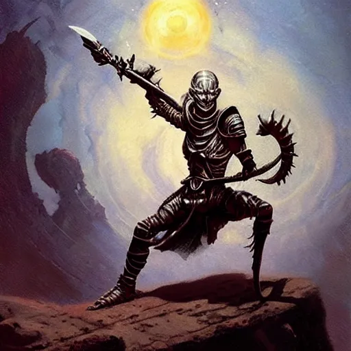 Image similar to ( ( ( half length portrait of armored githyanki warrior holding his silver sword, in the astral plane ) ) ), d & d, fantasy, medieval, greg rutkowski, frank frazetta, alexandre chaudret, boris vallejo, michael whelan, miro petrov, hr giger, magali villeneuve, donato giancola