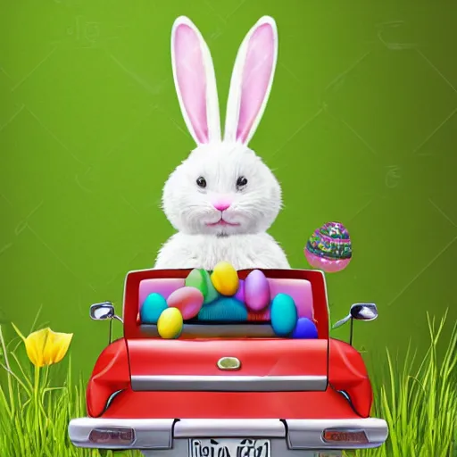 Prompt: easter bunny riding a convertible, studio photo, high quality