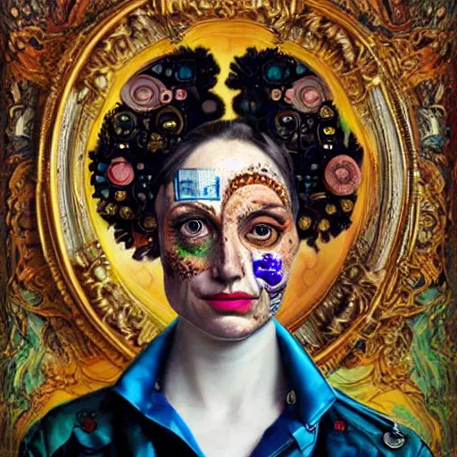 Image similar to deepdream portrait of a female scientist who is also a robot, rococo style, by Sandra Chevrier