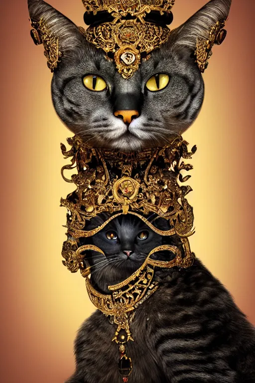 Image similar to a beautiful empress portrait, with a brilliant, impossible striking big Cat headpiece, clothes made of cats, everything cats, symmetrical, dramatic studio lighting, rococo, baroque, greens, asian, hyperrealism, closeup, D&D, fantasy, intricate, elegant, highly detailed, digital painting, artstation, octane render, 8k, concept art, matte, sharp focus, illustration, art by Artgerm and Greg Rutkowski and Alphonse Mucha