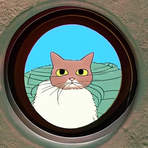 Image similar to a cat peeks out of a circular bubble window, studio ghibli