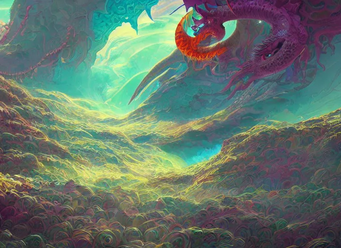 Image similar to psychedelic concept art of a dragon landscape made of thousands of spiraling dragons, cel shaded, in the style of makoto shinkai and moebius and peter mohrbacher and anton fadeev