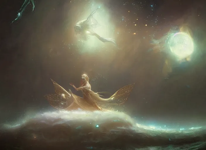 Image similar to magical floating fairy island drifting through space, a fantasy digital painting by Greg Rutkowski and James Gurney, trending on Artstation, highly detailed