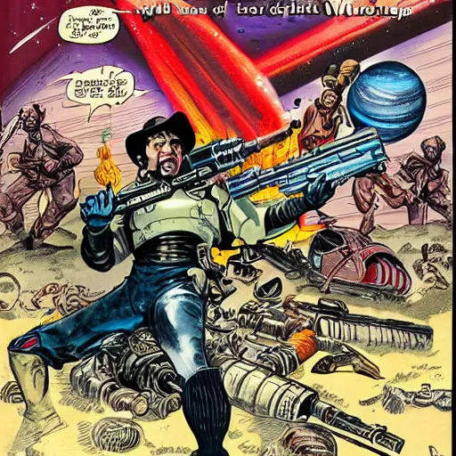 Prompt: space opera gunfight, in the style of feldstein, johnny craig, wally wood, and jack davis, photorealistic