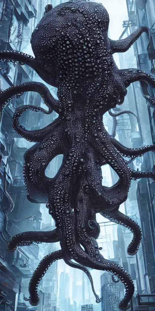 Image similar to hyperrealism, detailed textures, photorealistic 3 d cyberpunk octopus in apocalyptic city, futuristic clothing and helmet, ultra realistic, cinematic, intricate, cinematic light, unreal engine 8 k