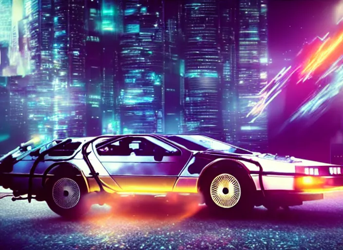 Image similar to a cyberpunk delorean breaking the space - time continuum, energy and time particles, dramatic framing, movie footage, 8 k