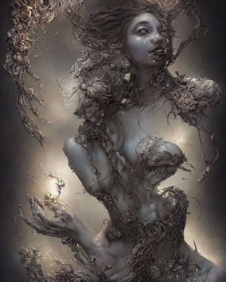 Prompt: a sculpture of a gorgeous etherial female, breaking apart, metaphysical paintings, Andrew Ferez, by Charlie Bowater, Marco Mazzoni, Seb McKinnon, Ryohei Hase, jeremy geddes, lovecraftian, made of mist, cosmic horror, trending on cgsociety, featured on zbrush central, grotesque, vanitas, new sculpture, mystical