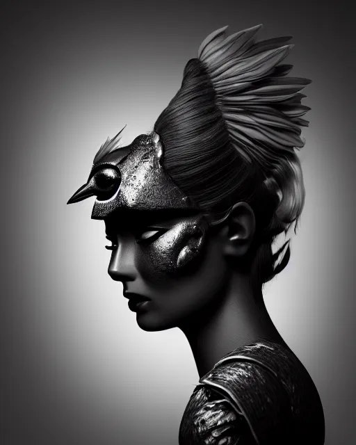 Image similar to surreal mythical dreamy dark artistic black and white fine art photo of a female - orchid - bird - cyborg bust, rim light, cinematic, studio dramatic light, poetic, octane render, 8 k, photo - realistic