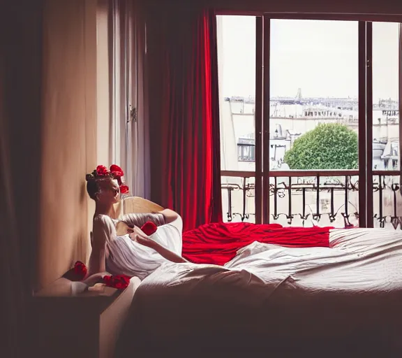 Prompt: the inside view of the inside of a hotel room in paris with a beautiful lady in a red dress peering outside on the balcony and a man in a white dress shirt laying on a bed covered with roses, candles around the room, soft lighting, romantic, soft art, 4 k, realistic, detailed