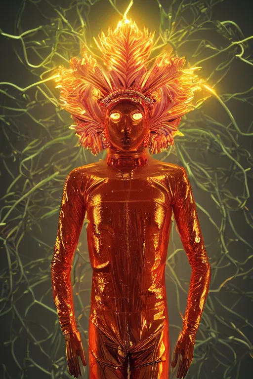 Image similar to hyper detailed ultra sharp portrait of baroque and bladerunner delicate neon ruby sculpture of seductive albino primce royce tigers orange iridescent humanoid deity wearing metallic hoody made out of leaves holding the sun prismatic dungeon, glowing rainbow face, crown of white diamonds, cinematic lighting, photorealistic, octane render 8 k depth of field 3 d
