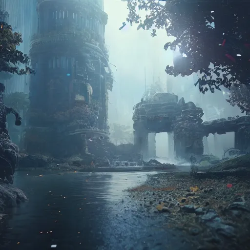 Image similar to kodak portra 8 0 0, infinitely detailed hd scenery ambience from nier automata, dream design, relief concept, majestic dream scenery smooth, sharp focus, an ultrafine detailed illustration by james jean, intricate linework, octane render, by ruan jia and nier automata detailed cybermagic atmospherics