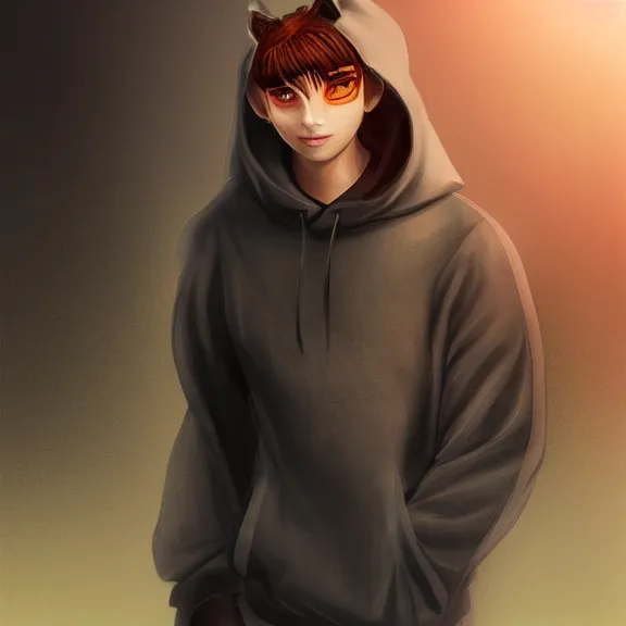 Image similar to boy with cat ears and cat tail wearing hoodie, fantasy artwork, award winning, very very very very very very very very very very beautiful, studio lighting, trending on artstation.