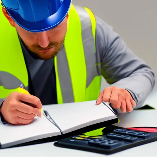 Prompt: a worker with a hard hat and reflective vest writing in a notepad holding a calculator vector, 3 d, realistic