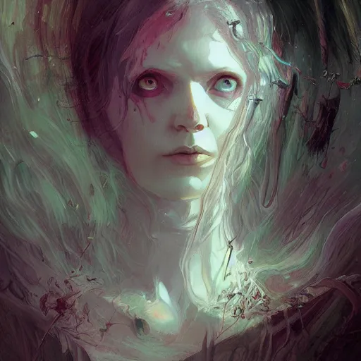 Image similar to painting of a pale witch, illustration, artistic, colorful, hyper detailed, in the style of Greg Rutkowski,