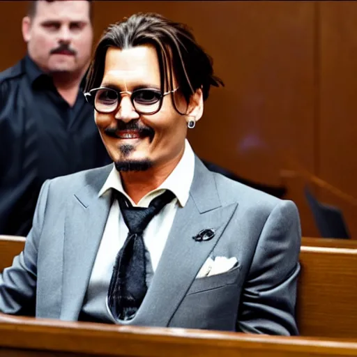 Image similar to Johnny Depp happy in courtroom , ultra Realistic 8k