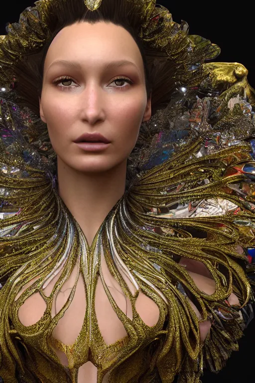 Image similar to a highly detailed metahuman 4 k close up render of an alien goddess bella hadid as shakti in iris van herpen dress schiaparelli in diamonds swarovski and jewelry in style of alphonse mucha gustav klimt trending on artstation made in unreal engine 4