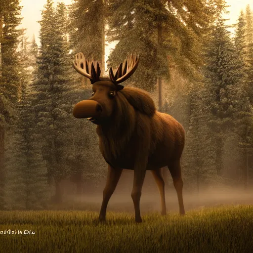 Image similar to shrek riding a moose in a dark forest, smoky, foggy, 8k, octane render,