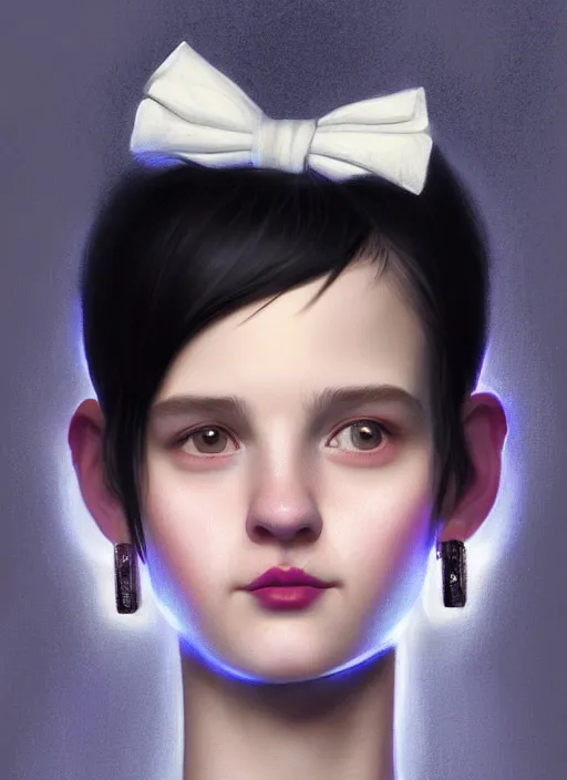 Image similar to portrait of white teenage girl, narrow face, short black hair, bangs, half updo hairstyle, buck teeth, smile, unattractive, defined jawline, long chin, wearing hair bow, earrings, intricate, elegant, glowing lights, highly detailed, digital painting, artstation, sharp focus, illustration, art by wlop, mars ravelo and greg rutkowski