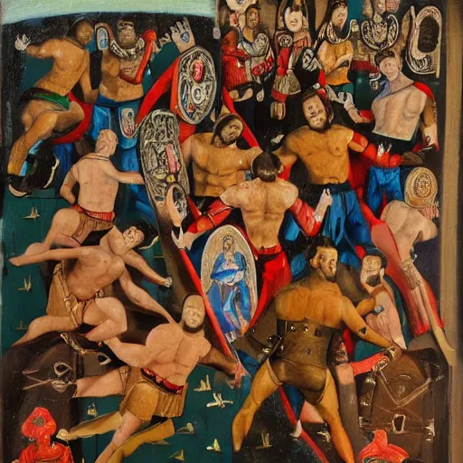 Image similar to lucha bros versus the young bucks aew, medieval painting, oil painting